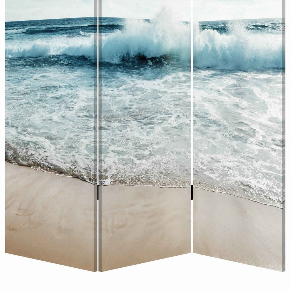 Foldable Canvas Screen with Ocean Shore Print and 3 Panels Multicolor BM205888