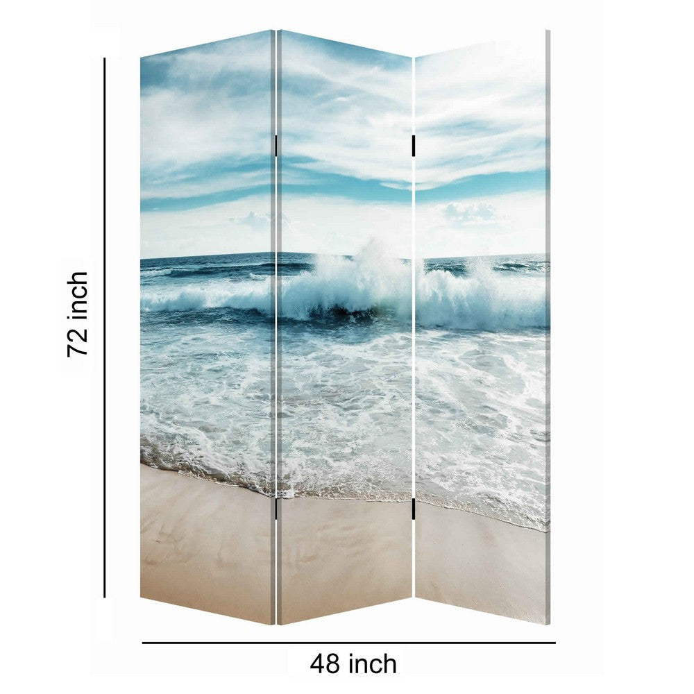 Foldable Canvas Screen with Ocean Shore Print and 3 Panels Multicolor BM205888
