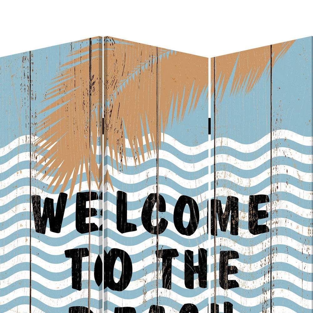 Foldable Canvas Screen with Beach Print and 3 Panels Multicolor BM205889
