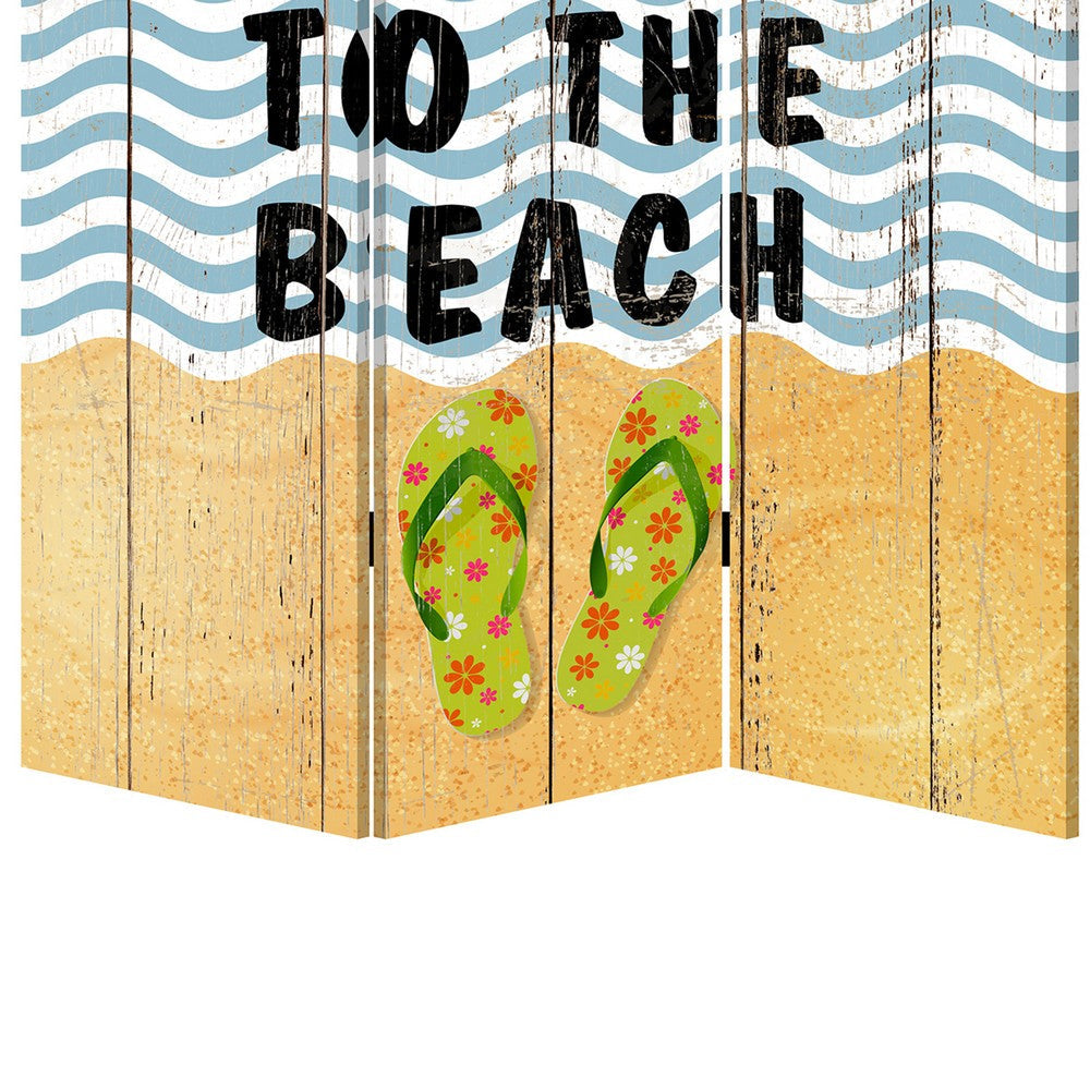 Foldable Canvas Screen with Beach Print and 3 Panels Multicolor BM205889