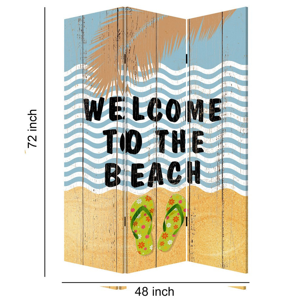 Foldable Canvas Screen with Beach Print and 3 Panels Multicolor BM205889