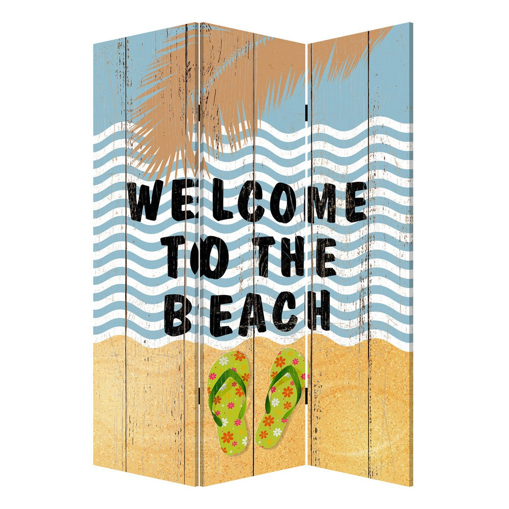 Foldable Canvas Screen with Beach Print and 3 Panels, Multicolor