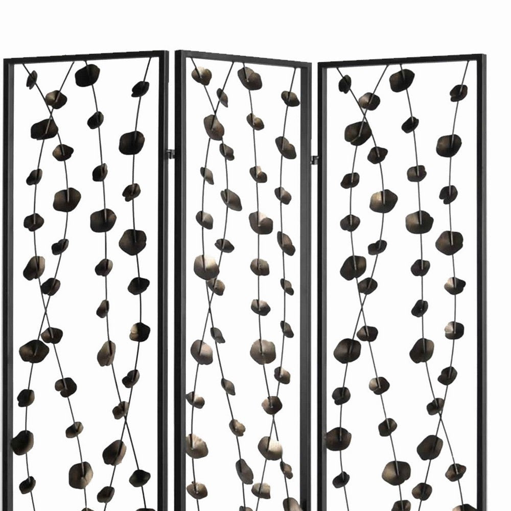 Transitional 3 Panel Metal Screen with Intricate Flower Design Black BM205892