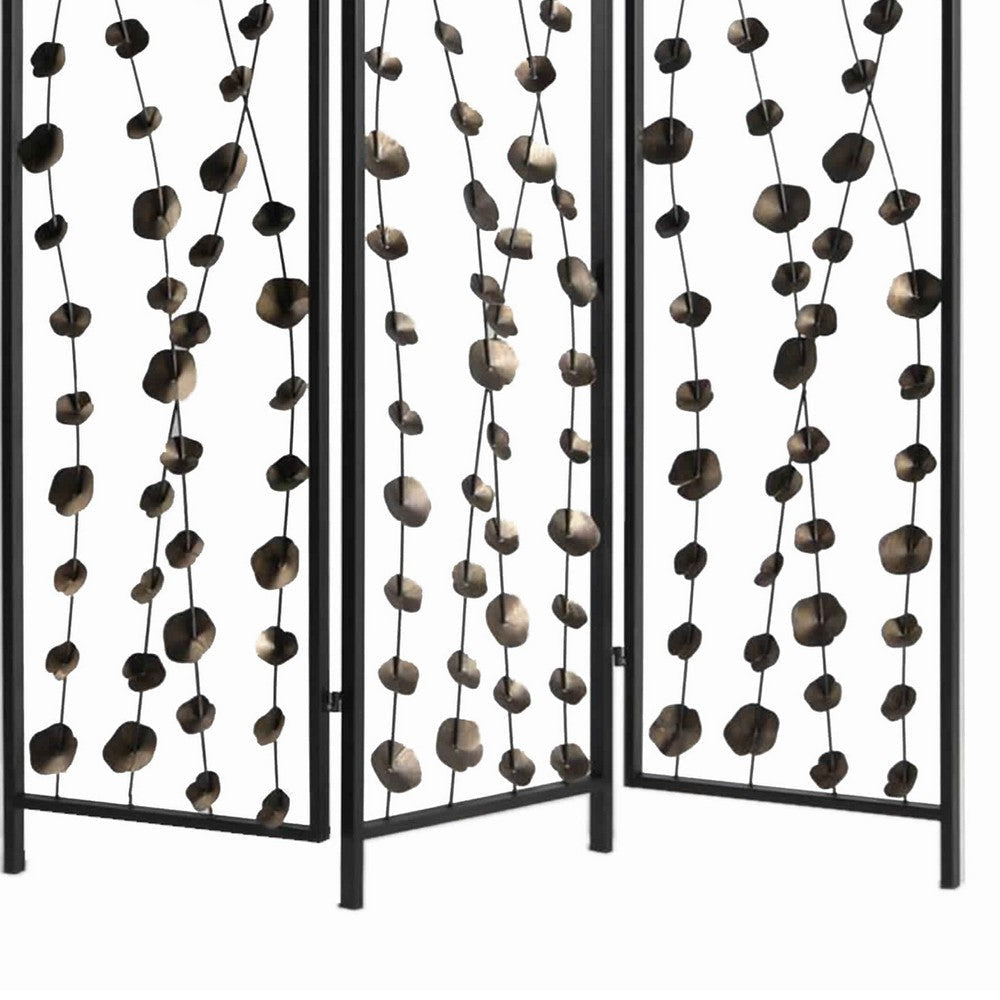 Transitional 3 Panel Metal Screen with Intricate Flower Design Black BM205892