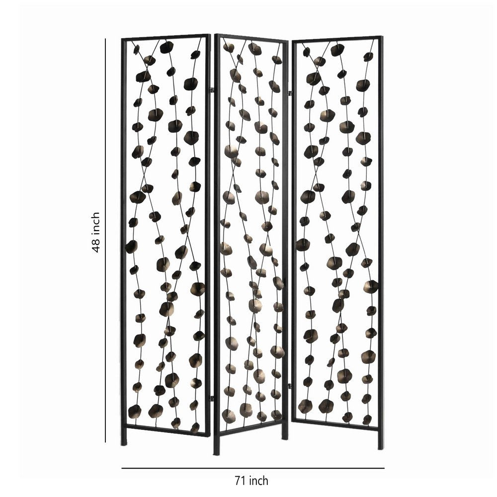 Transitional 3 Panel Metal Screen with Intricate Flower Design Black BM205892