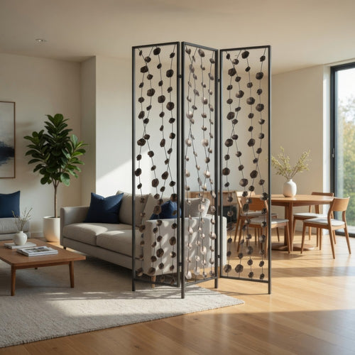 Transitional 3 Panel Metal Screen with Intricate Flower Design, Black
