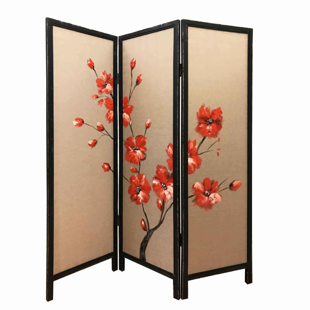 3 Panel Wooden Screen with Hand painted Fabric Design Red and Brown - BM205894 By Casagear Home BM205894