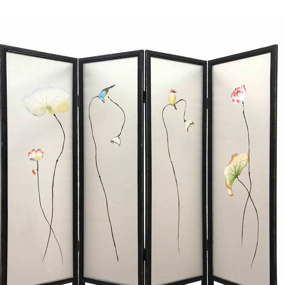4 Panel Wooden Screen with Hand painted Fabric Design Brown & Beige BM205895