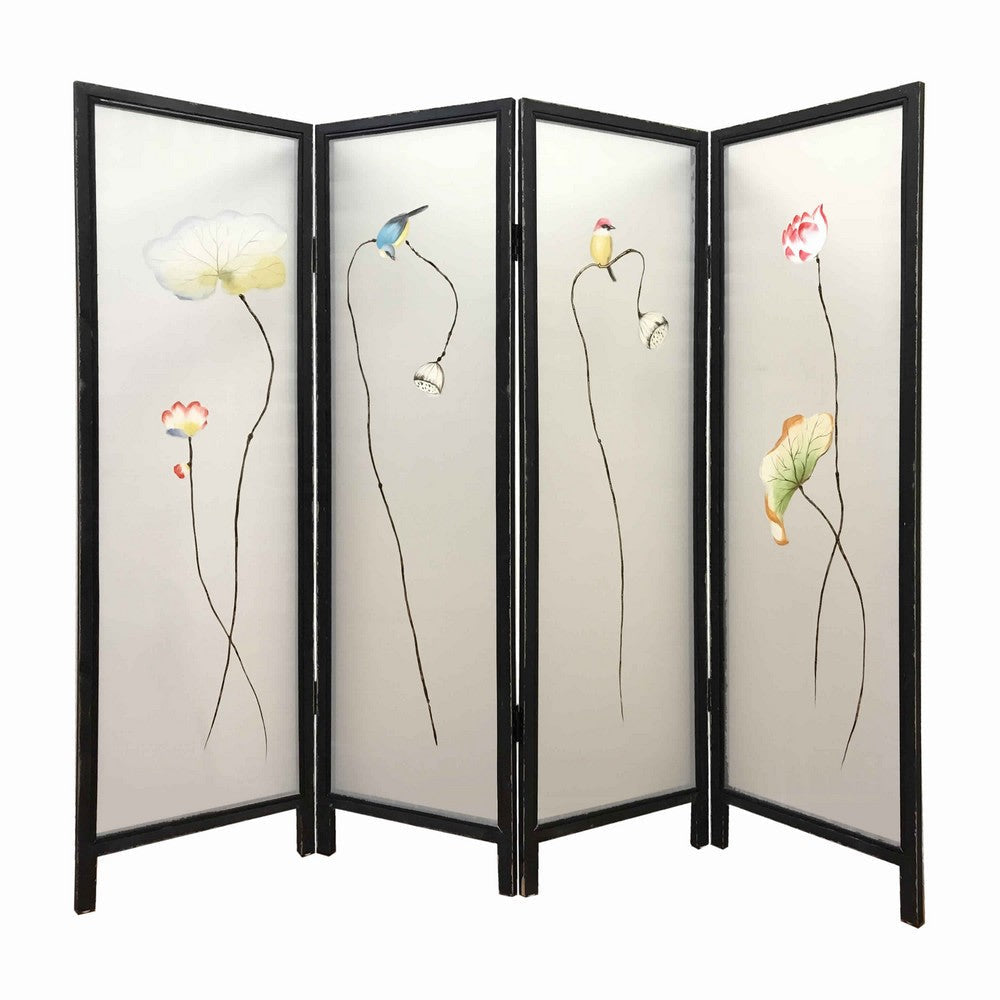 4 Panel Wooden Screen with Hand painted Fabric Design, Brown & Beige