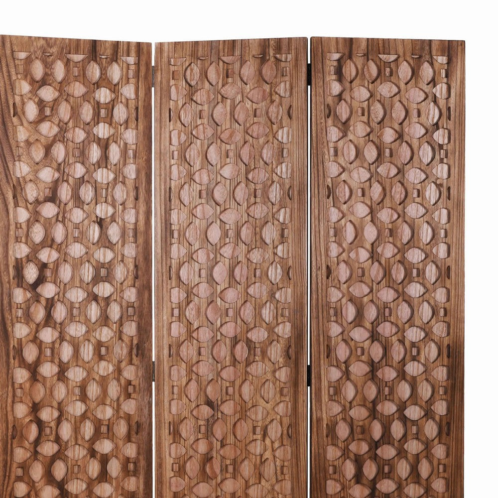 3 Panel Transitional Wooden Screen with Leaf Like Carvings Brown BM205896