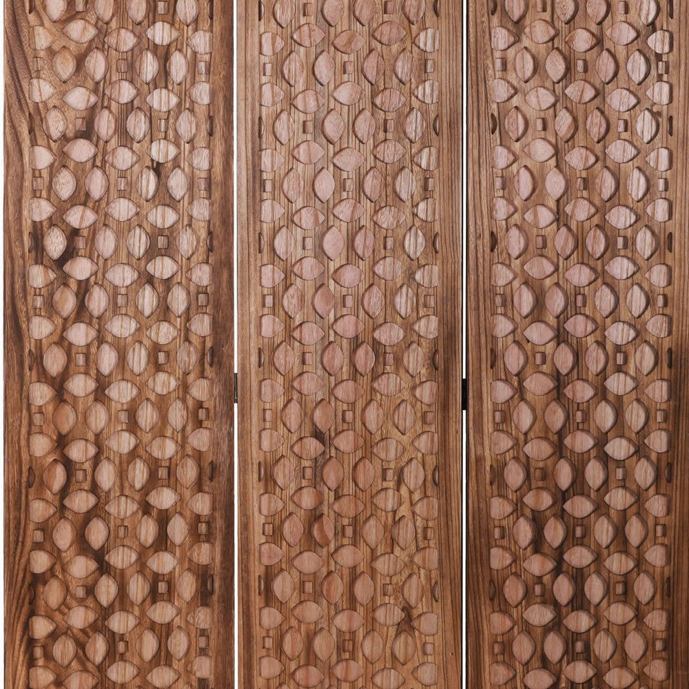 3 Panel Transitional Wooden Screen with Leaf Like Carvings Brown BM205896