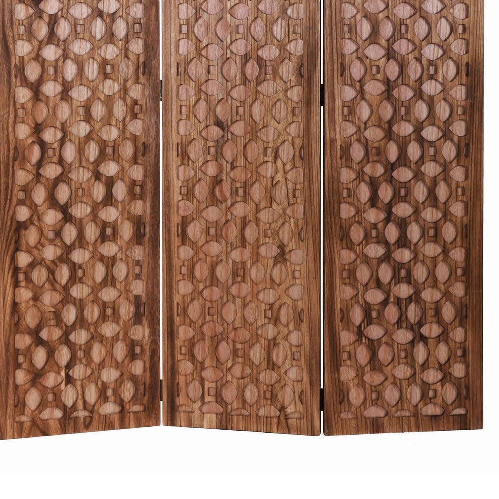 3 Panel Transitional Wooden Screen with Leaf Like Carvings Brown BM205896