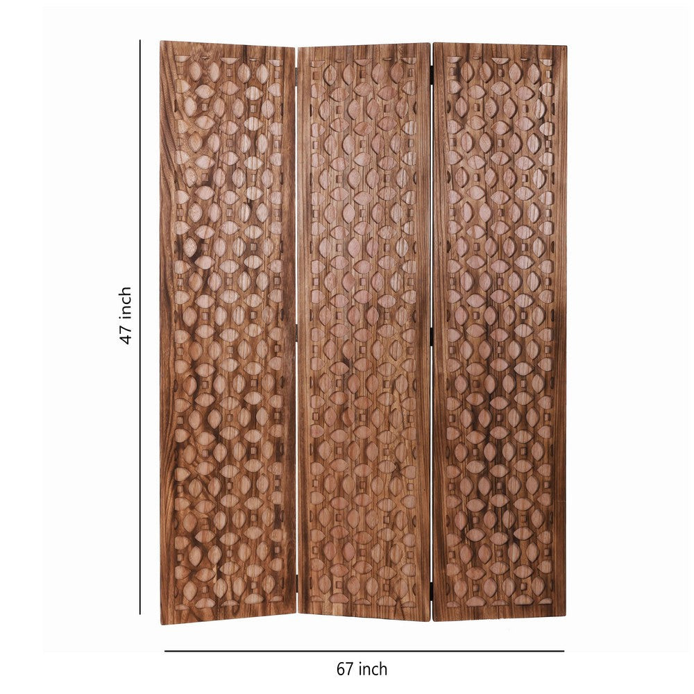3 Panel Transitional Wooden Screen with Leaf Like Carvings Brown BM205896