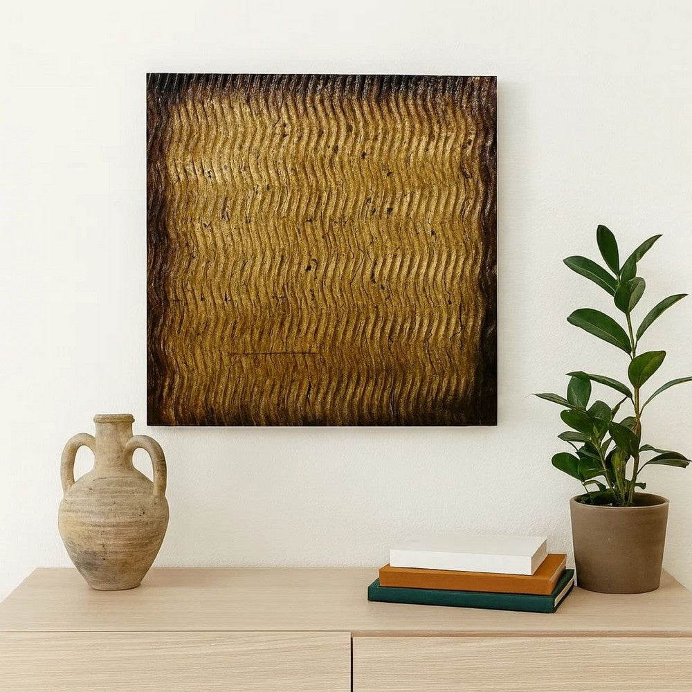 Modern Style Wood Wall Decor with Patterned Carving, Large, Gold & Brown