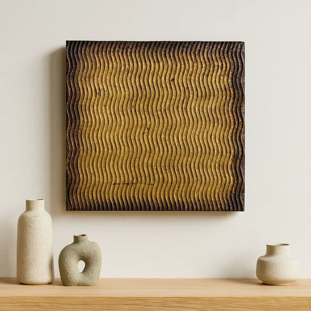 Modern Style Wood Wall Decor with Patterned Carving, Large, Gold & Brown