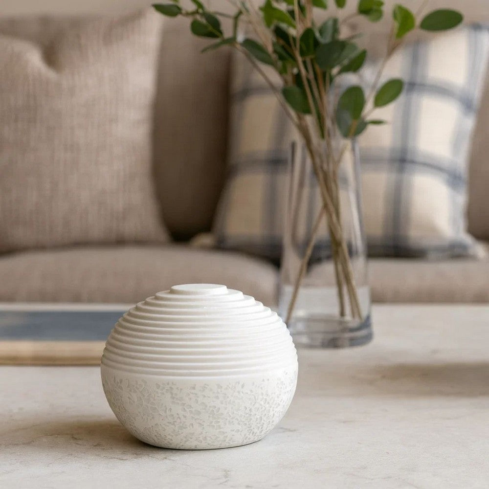 Contemporary Sandstone Polished Ball with Step Carved Lines, White