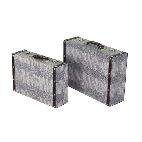 Trunk Style Suitcase with Textured Print Canvas Covering, Gray, Set of 2