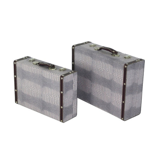 Trunk Style Suitcase with Textured Print Canvas Covering, Gray, Set of 2
