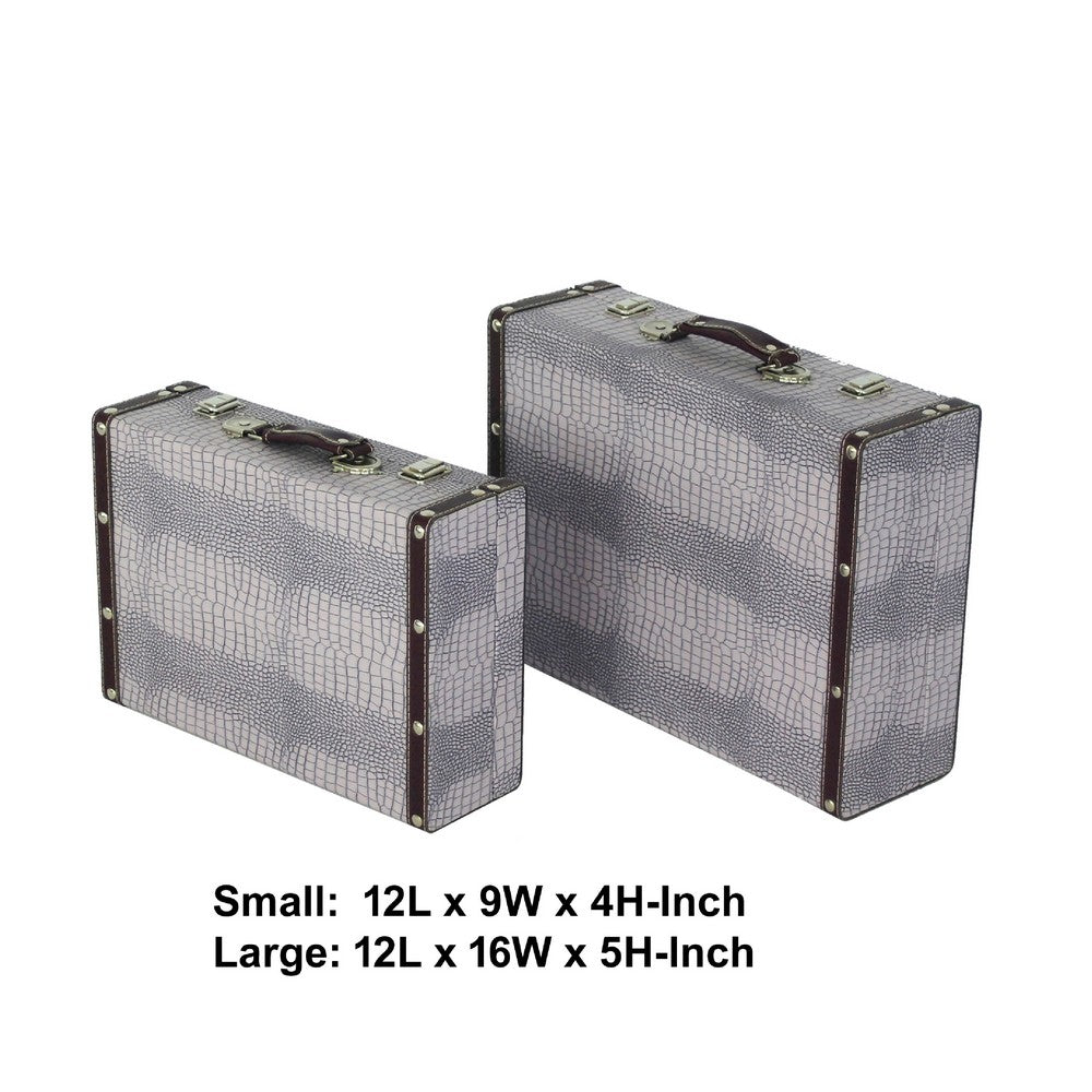 Trunk Style Suitcase with Textured Print Canvas Covering, Gray, Set of 2