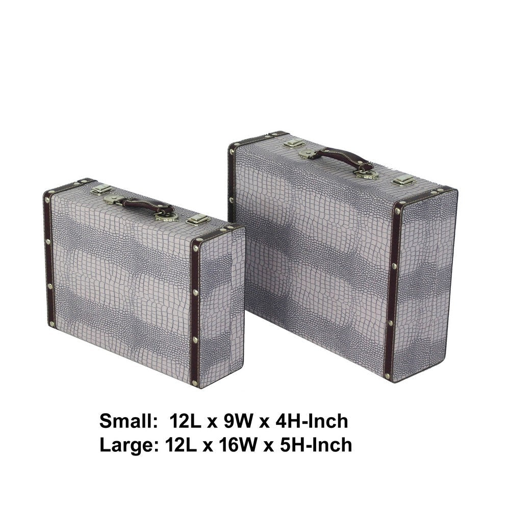 Trunk Style Suitcase with Textured Print Canvas Covering Gray Set of 2 BM205922
