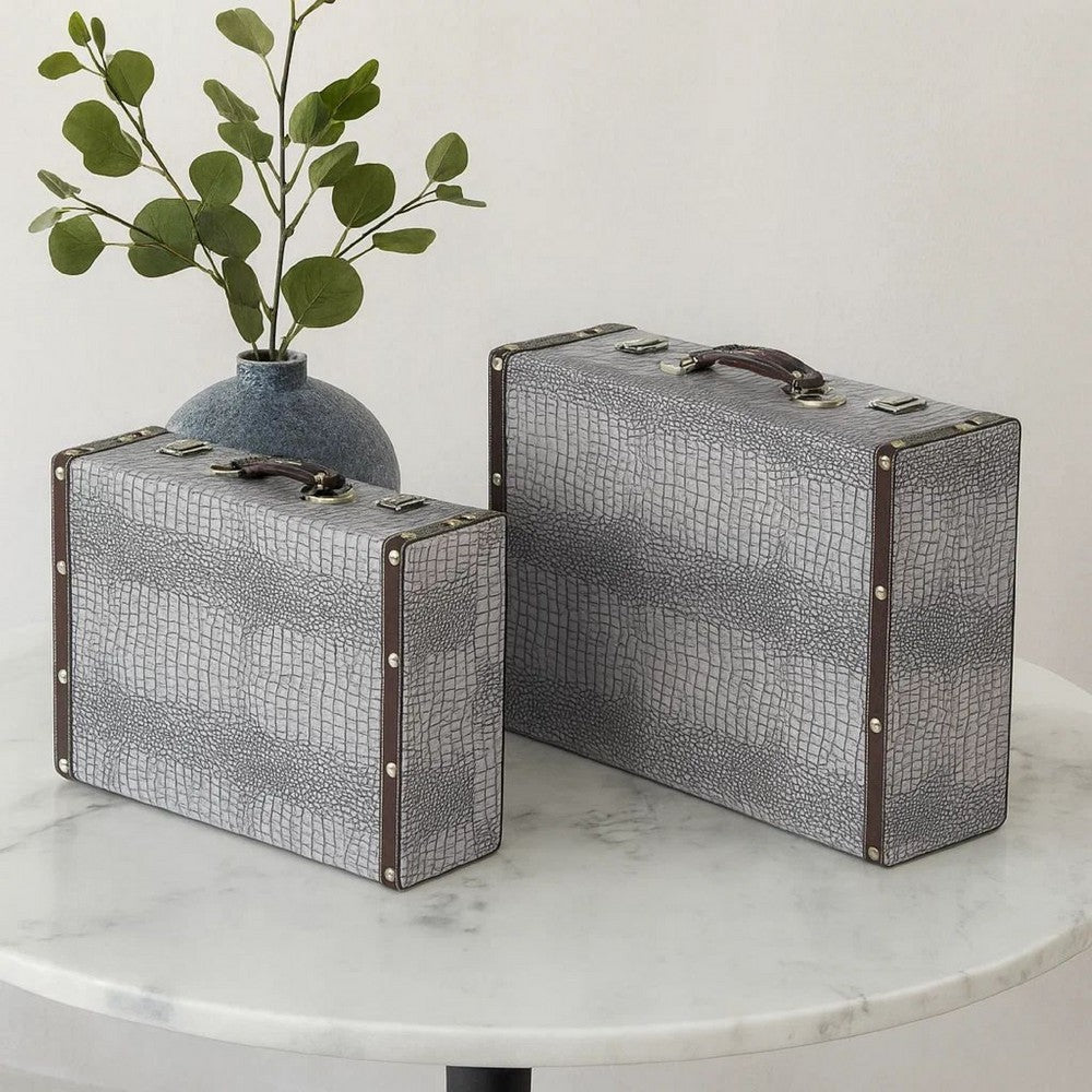 Trunk Style Suitcase with Textured Print Canvas Covering, Gray, Set of 2