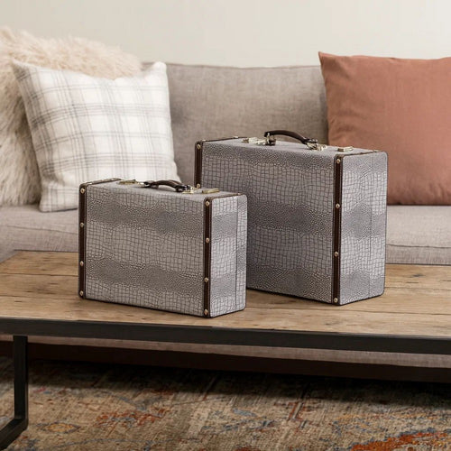 Trunk Style Suitcase with Textured Print Canvas Covering, Gray, Set of 2