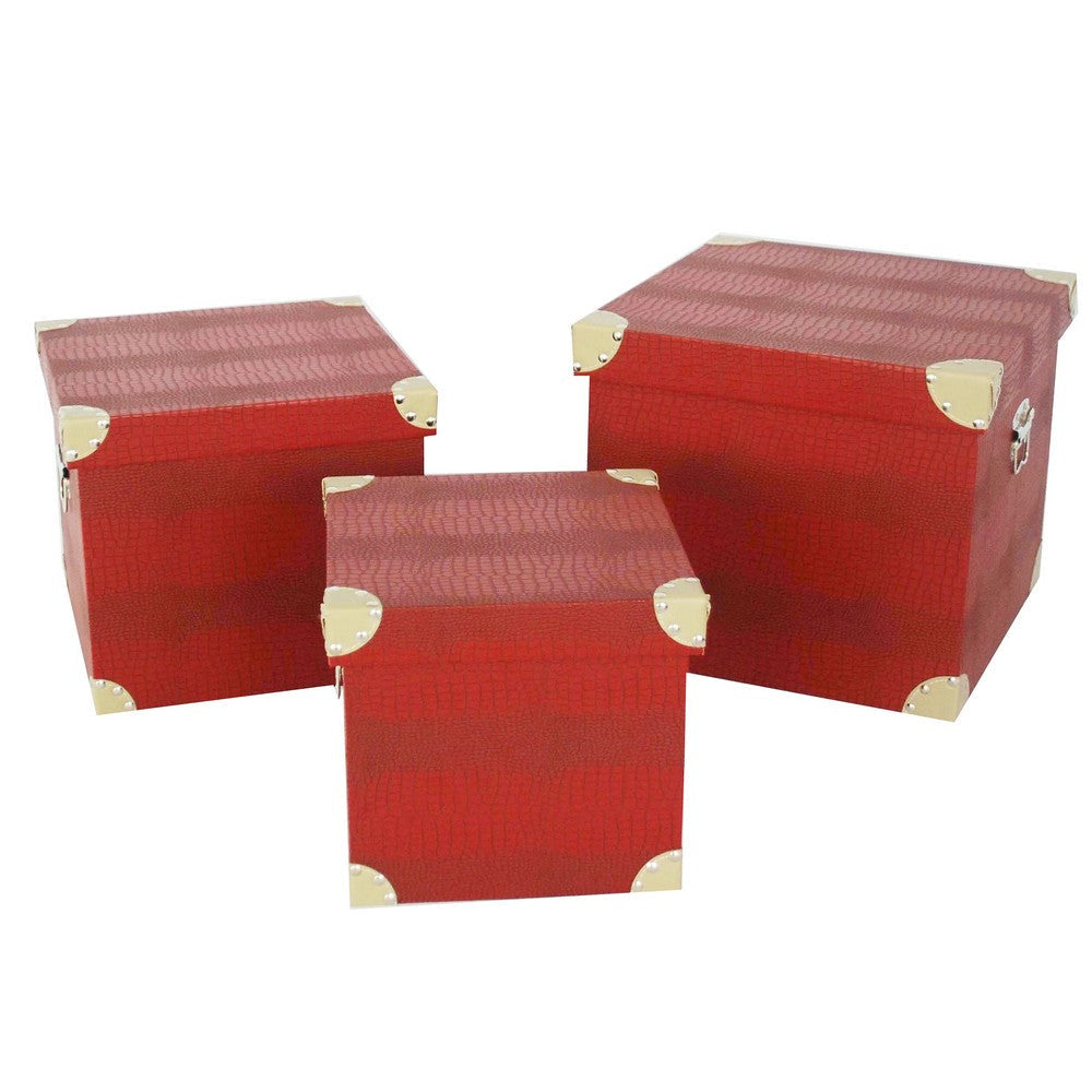 Storage Trunk with Textured Canvas Upholstery, Red and Gold, Set of 3