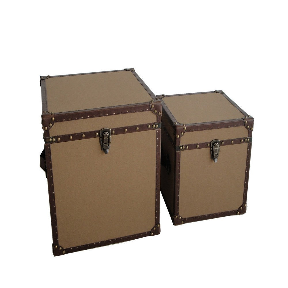 Fabric Upholstered Square Trunk with Nailhead Details, Brown, Set of 2