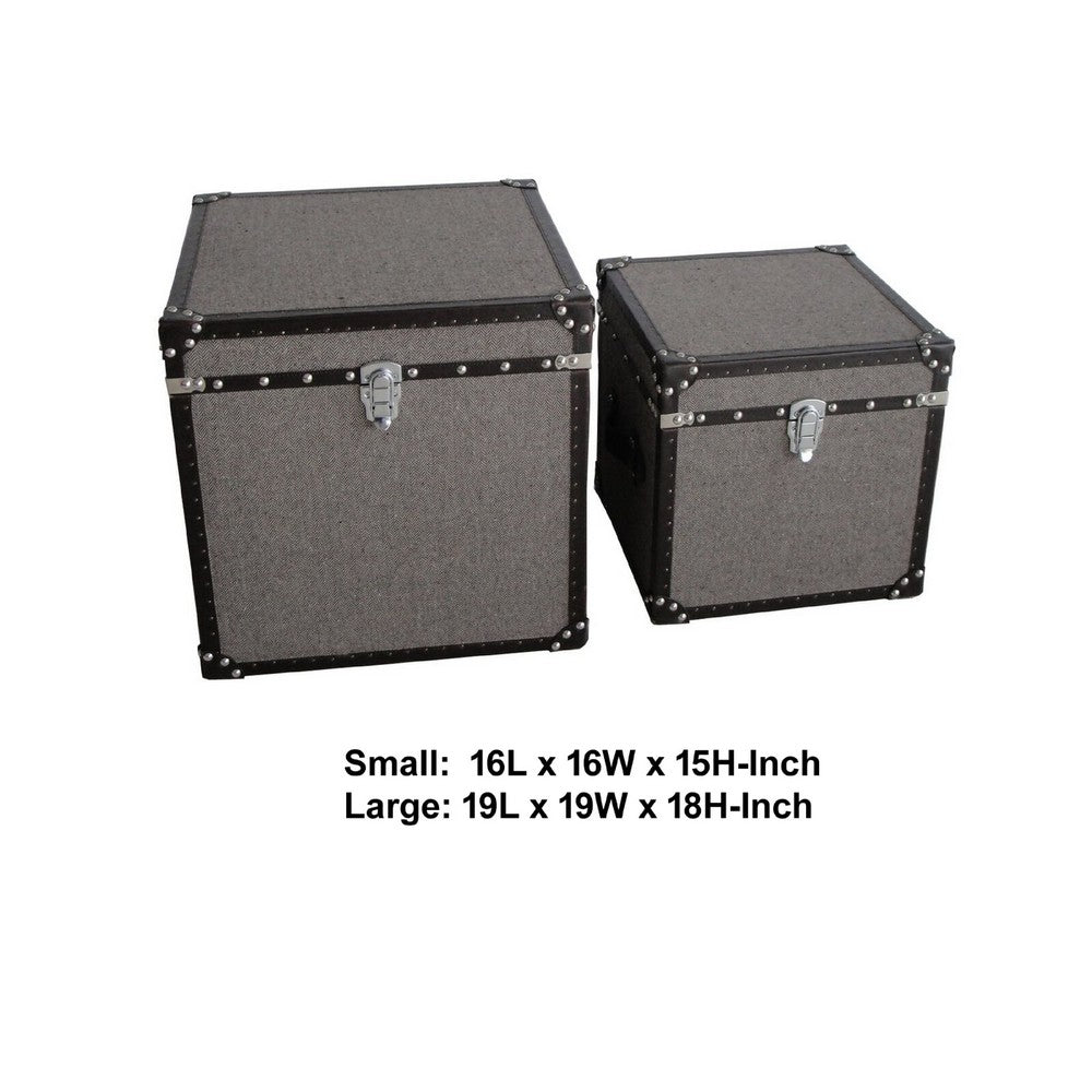 Fabric Upholstered Square Trunk with Nailhead Details, Gray, Set of 2