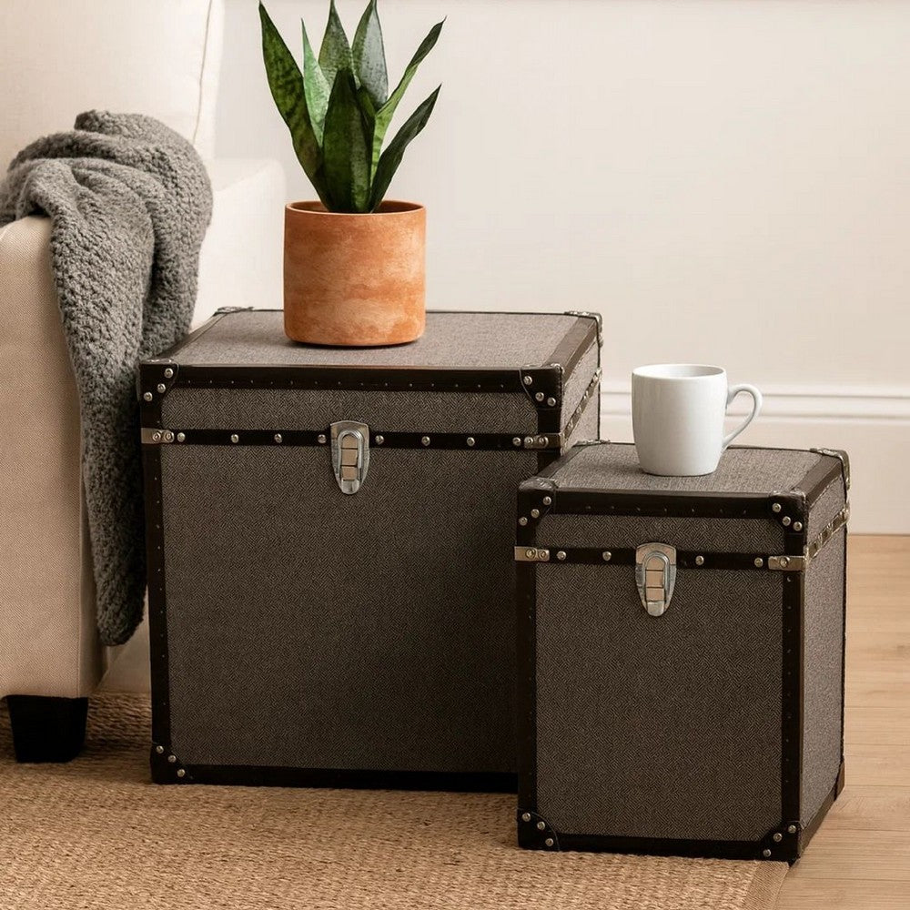 Fabric Upholstered Square Trunk with Nailhead Details, Gray, Set of 2