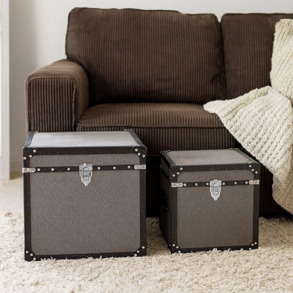 Fabric Upholstered Square Trunk with Nailhead Details, Gray, Set of 2