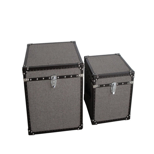 Fabric Upholstered Square Trunk with Nailhead Details, Gray, Set of 2