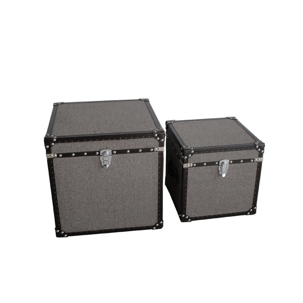Fabric Upholstered Square Trunk with Nailhead Details, Gray, Set of 2