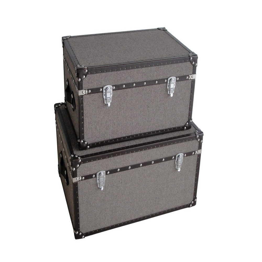 Fabric Upholstered Rectangular Trunk with Nailhead Details, Gray, Set of 2