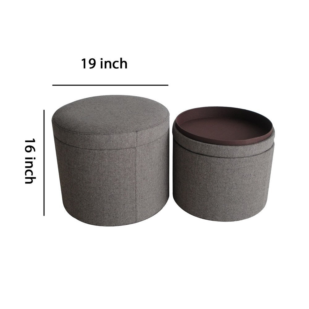 Round Storage Ottoman with Textured Fabric Upholstery Gray BM205936