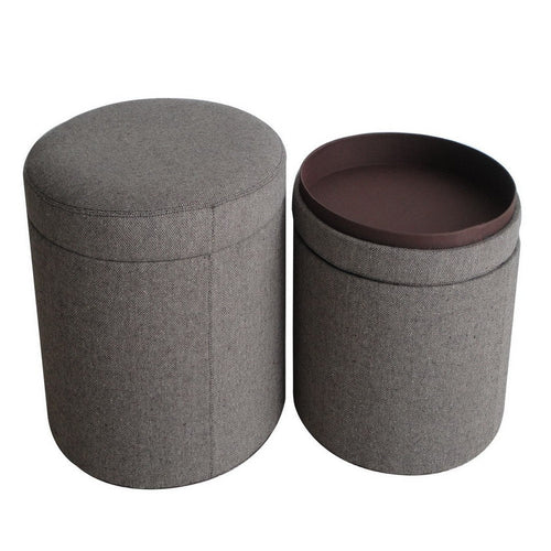 Round Storage Ottoman with Textured Fabric Upholstery, Gray