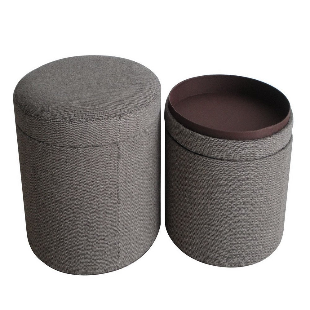 Round Storage Ottoman with Textured Fabric Upholstery, Gray