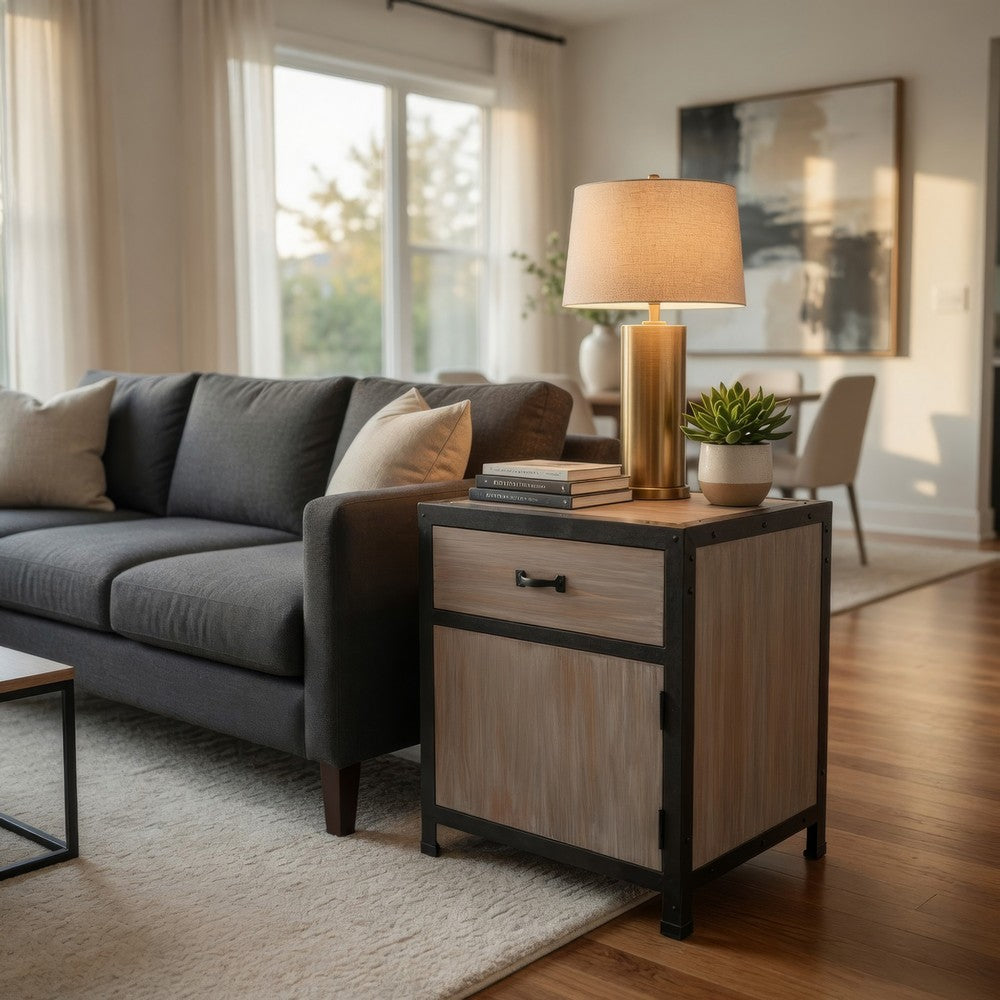 Transitional Wooden End Table with Metal Framing, Black & Brown
