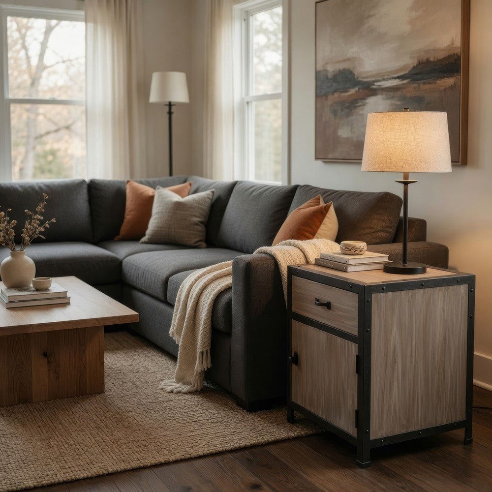 Transitional Wooden End Table with Metal Framing, Black & Brown