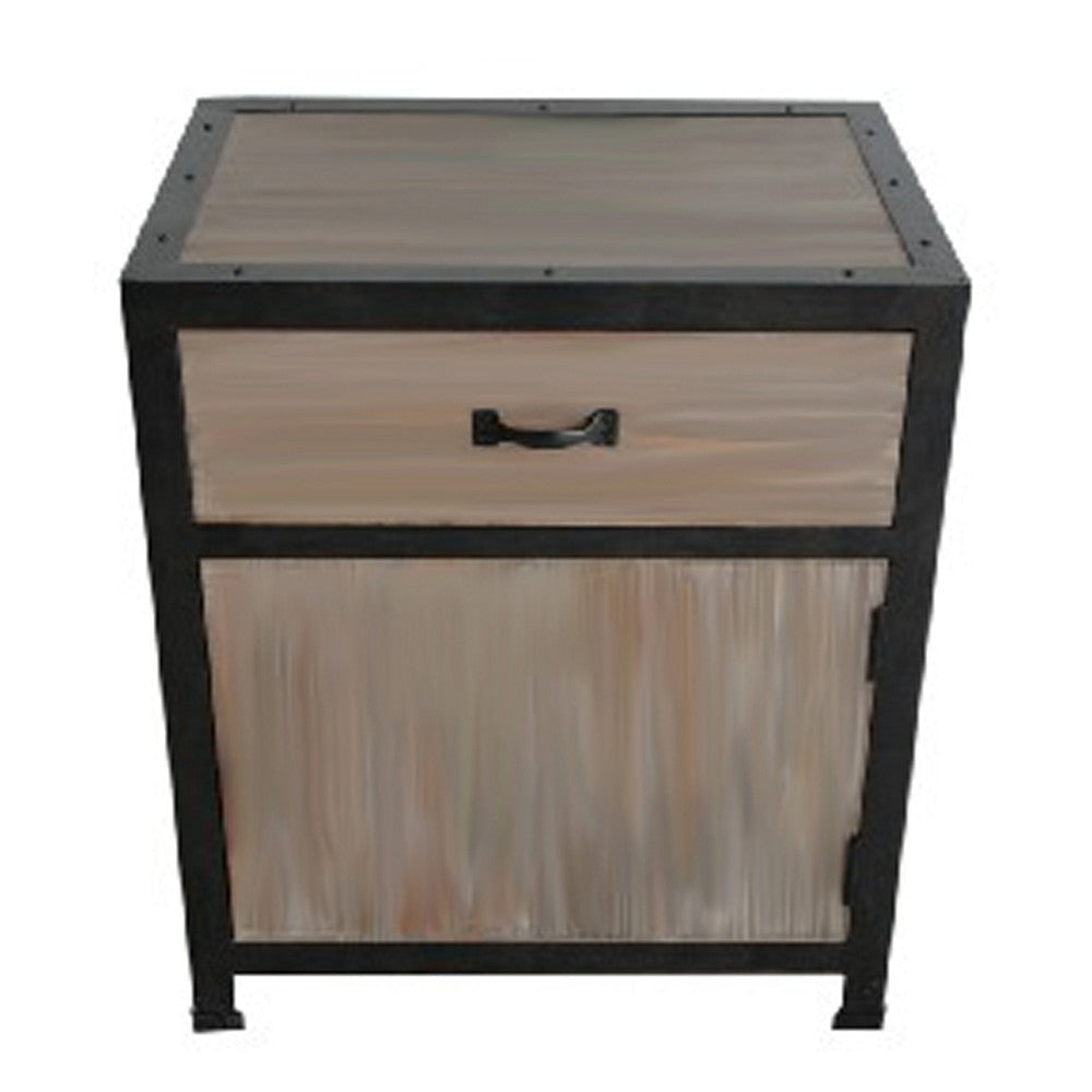 Transitional Wooden End Table with Metal Framing, Black & Brown