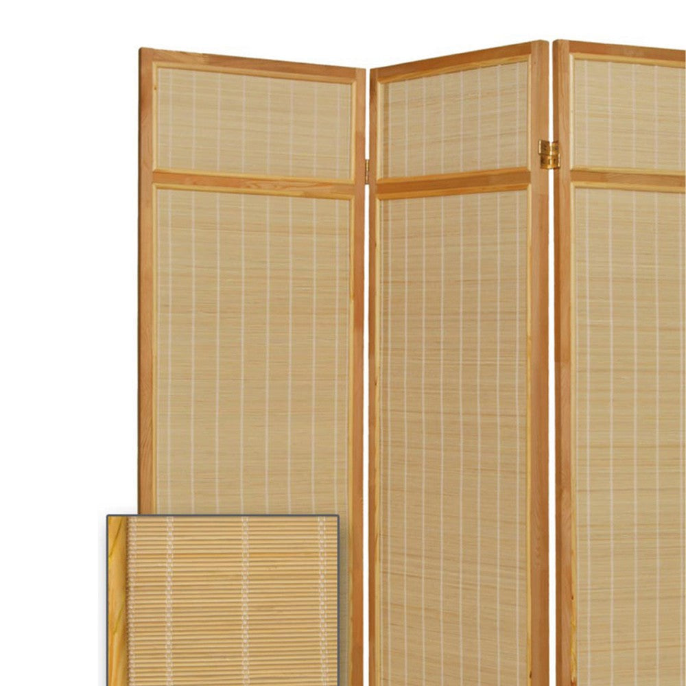 Wooden Frame 3 panel Foldable Screen with Bamboo Straw Details Brown BM205939