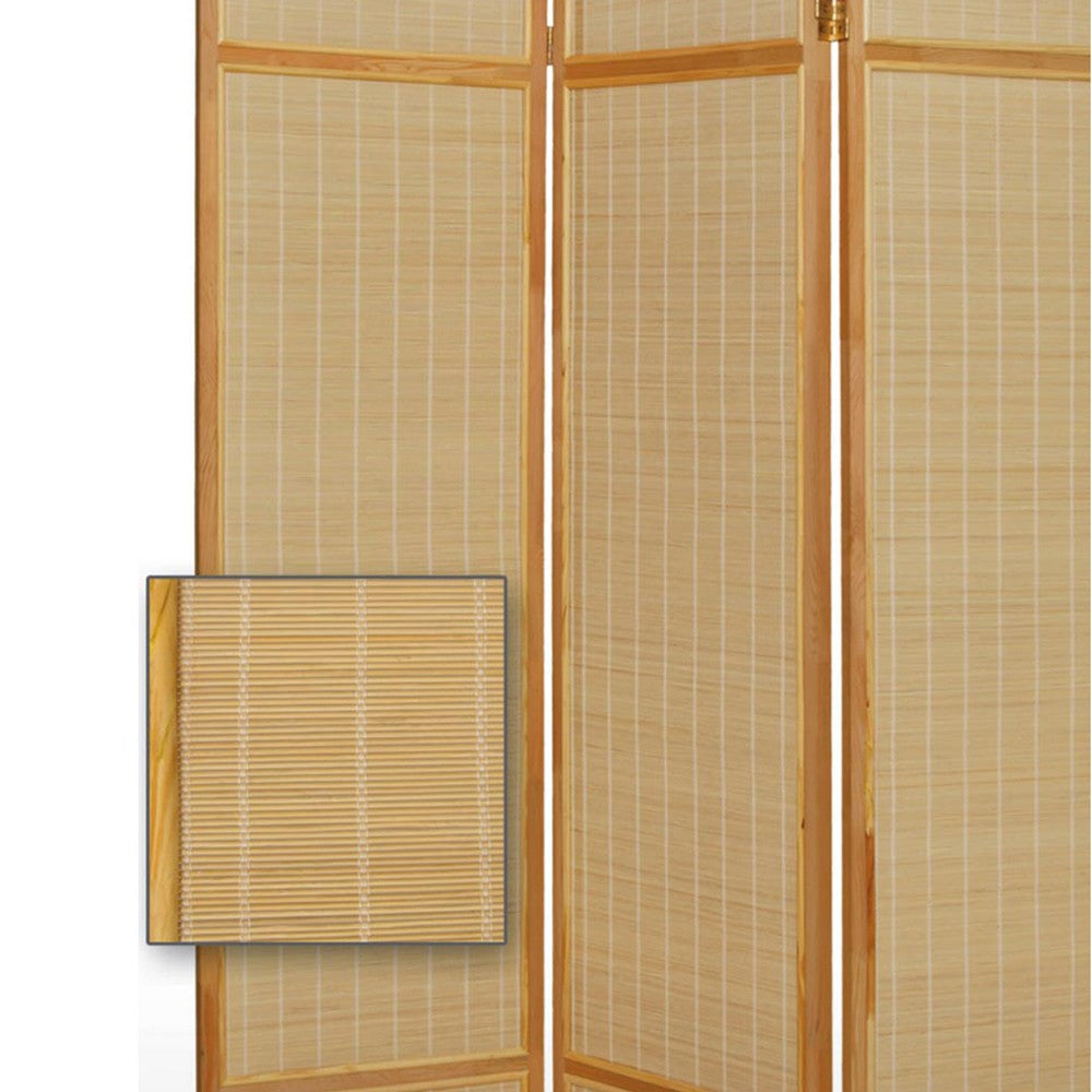 Wooden Frame 3 panel Foldable Screen with Bamboo Straw Details Brown BM205939