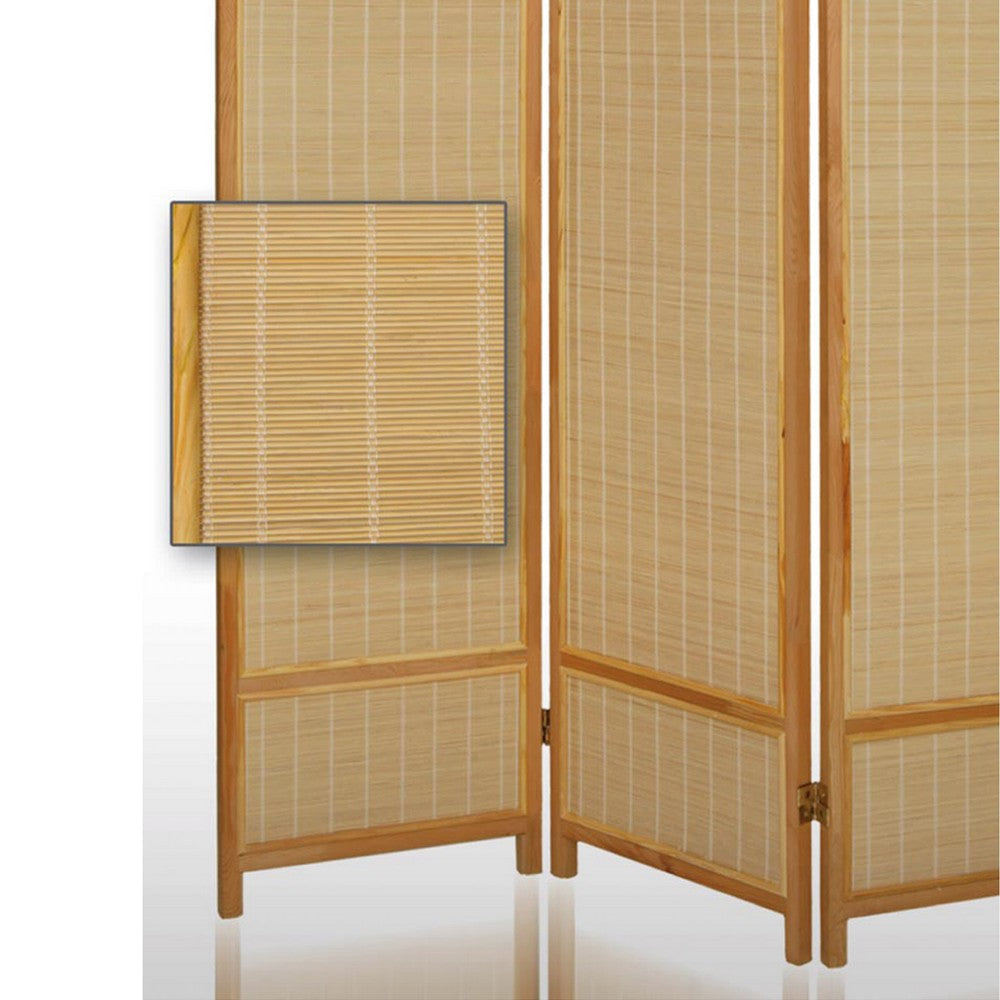 Wooden Frame 3 panel Foldable Screen with Bamboo Straw Details Brown BM205939
