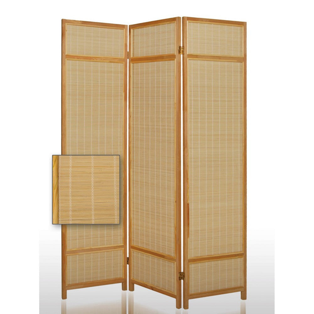 Wooden Frame 3 panel Foldable Screen with Bamboo Straw Details, Brown