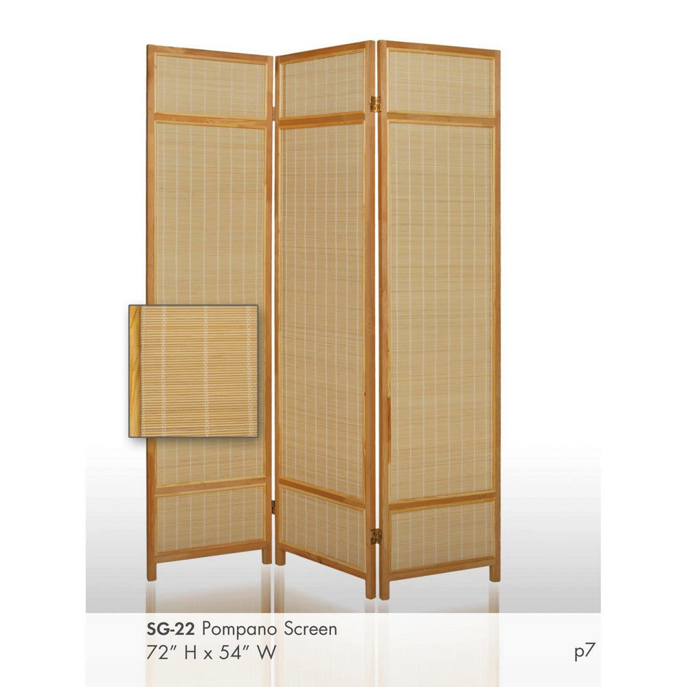 Wooden Frame 3 panel Foldable Screen with Bamboo Straw Details Brown BM205939