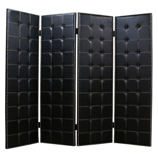 Wooden 4 Panel Screen with Leatherette Button Tufting Details, Black