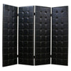 Wooden 4 Panel Screen with Leatherette Button Tufting Details, Black