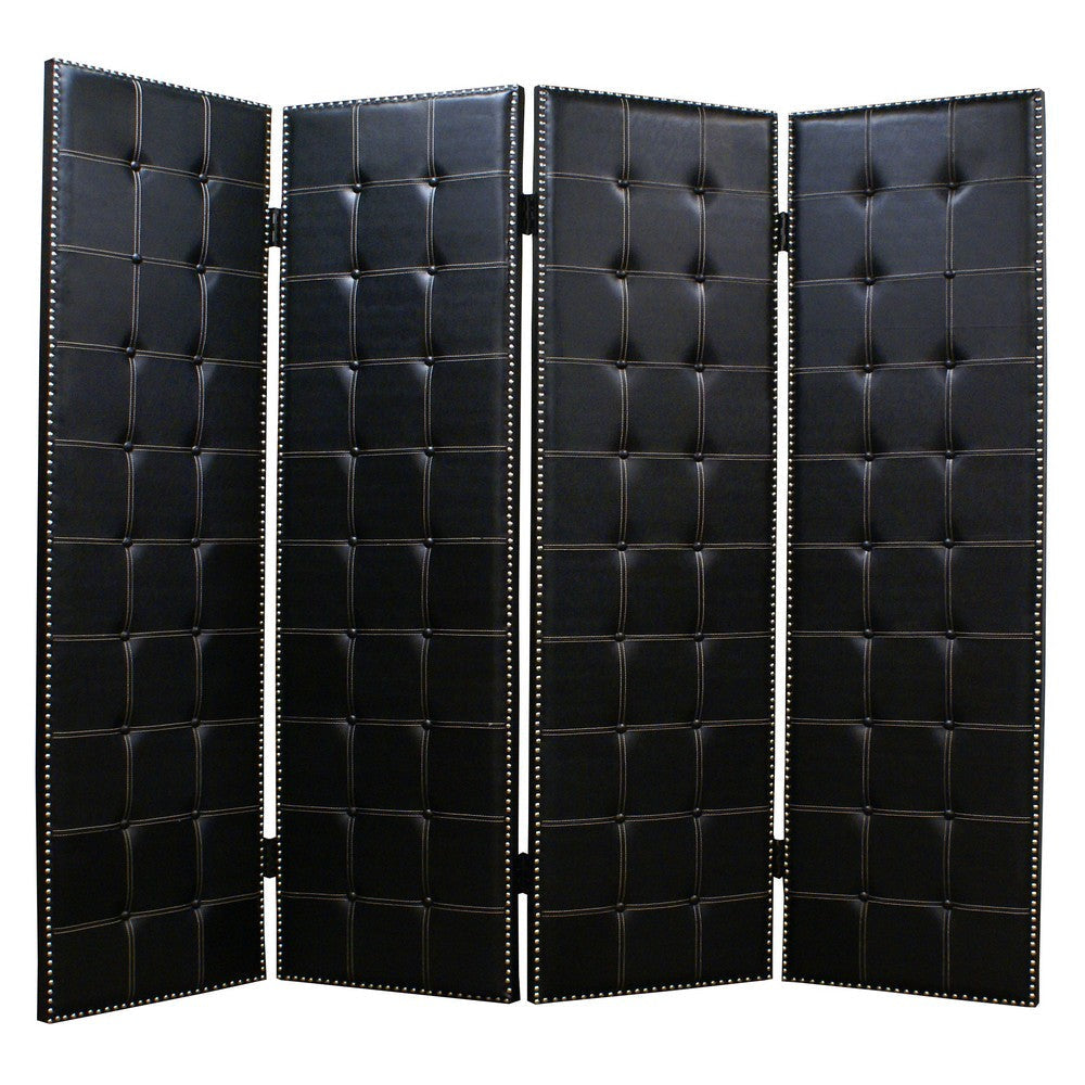 Wooden 4 Panel Screen with Leatherette Button Tufting Details, Black