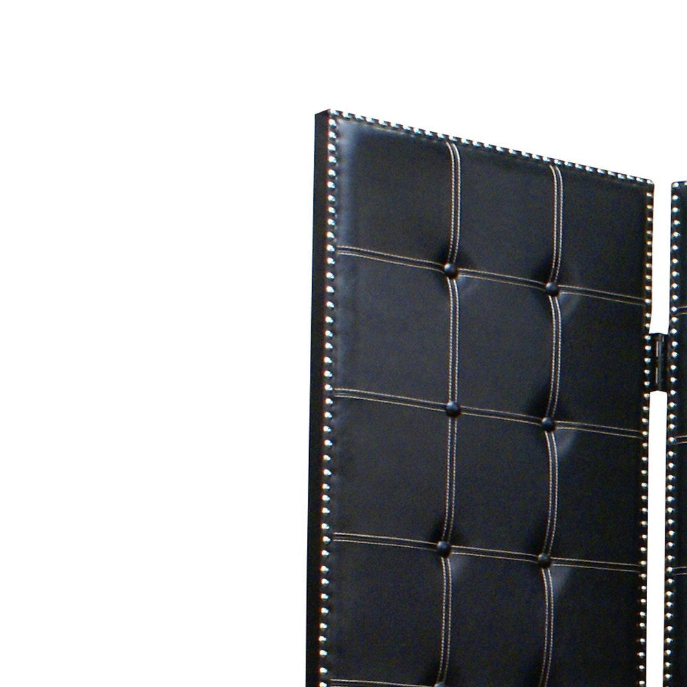 Wooden 4 Panel Screen with Leatherette Button Tufting Details Black BM205940