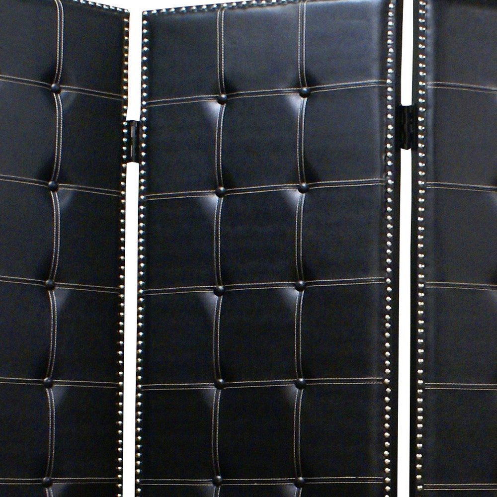 Wooden 4 Panel Screen with Leatherette Button Tufting Details Black BM205940